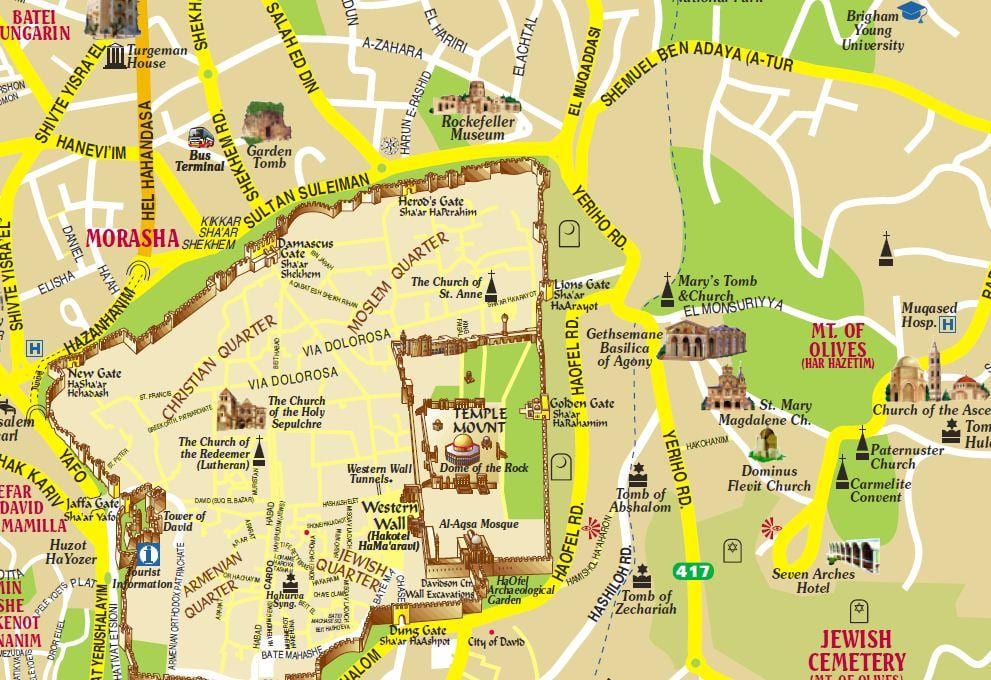 地图上的橄榄山和耶路撒冷